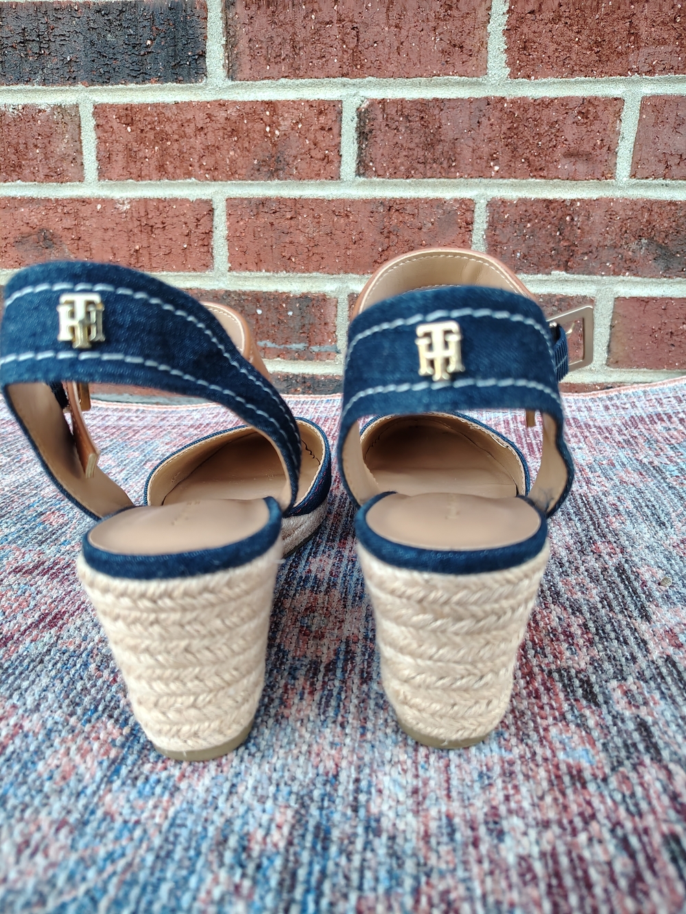 Tommy Hilfiger Navy Denim Espadrille Wedges with Tan Ankle Strap - Picture 3 of 5